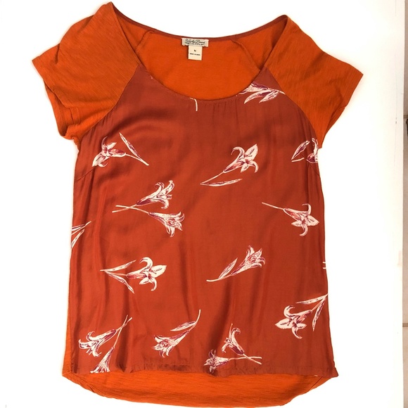 Lucky Brand Orange Floral Short Sleeve Top - Picture 1 of 7